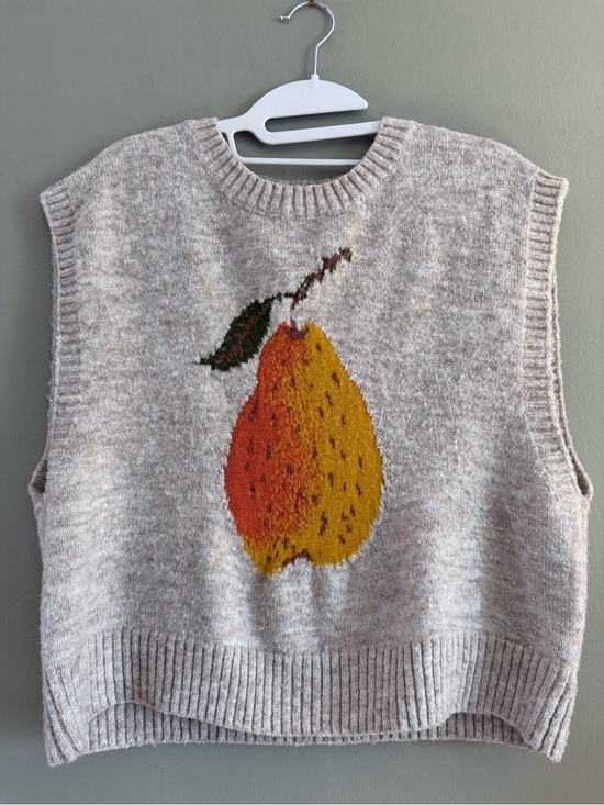 Cider Sweaters - CIDER Pear Sweater Vest Alpaca Wool Blend Khaki Large Fruit Graphic